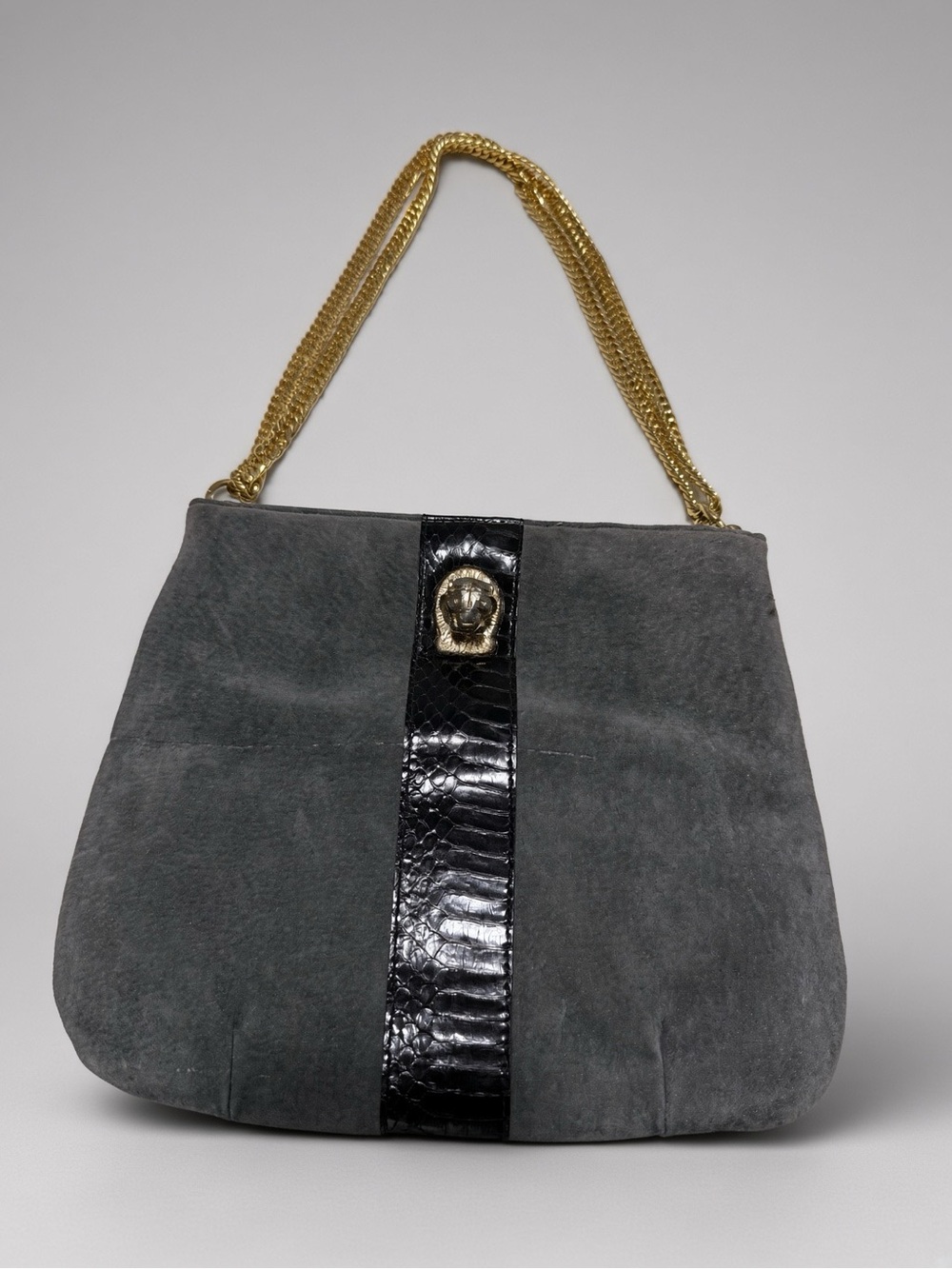 Ruth Saltz Gray Suede Lion Head Gold Chain Shoulder Bag Vintage